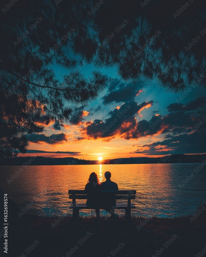 Romantic Sunset Over Water with Couple Sitting on Bench Romantic Sunset Over Water with Couple Sitting on Bench