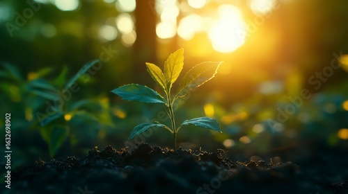 Fresh Green Seedling Growing in Soil Under Bright Sunset Light