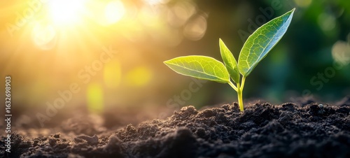 Young Green Plant Growing in Fresh Soil with Sunlight Background