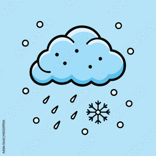A simple cartoon of a cloud raining and snowing on a blue background