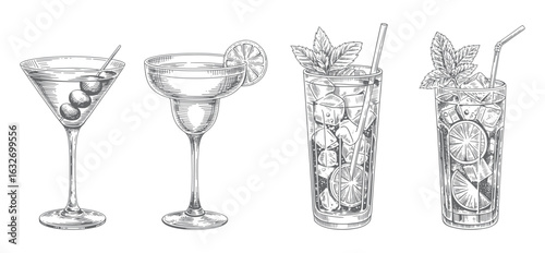 Vintage cocktail glass set with citrus and mint garnish.