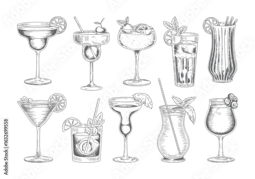 Hand drawn cocktail glass collection with lemon and mint garnish. Vintage engraved set of refreshing summer drinks.