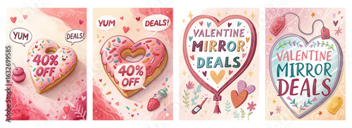 Set of four posters featuring heart-shaped pastries for Valentine's Day