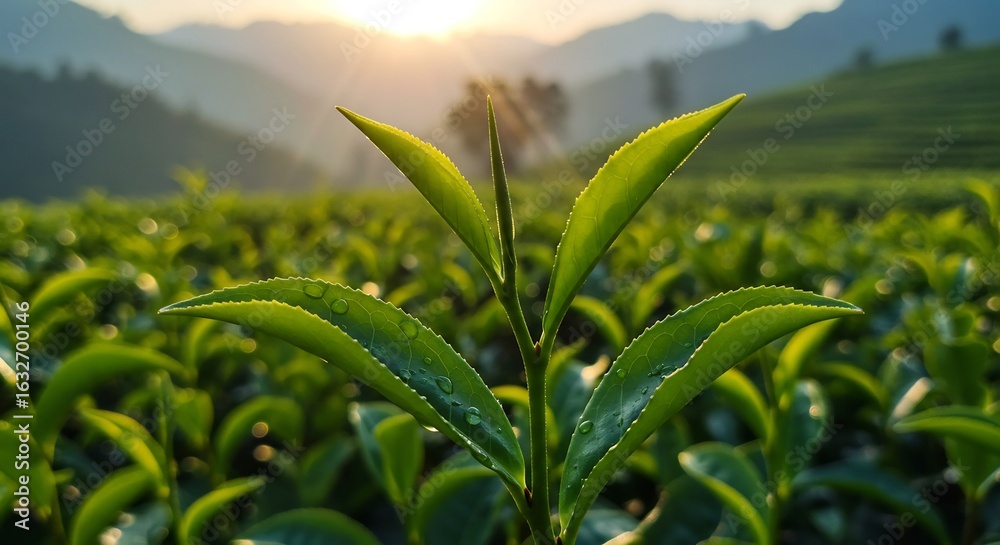 Fototapeta premium 朝日輝く緑茶畑の芽生え、鮮やかな新緑と山々の風景