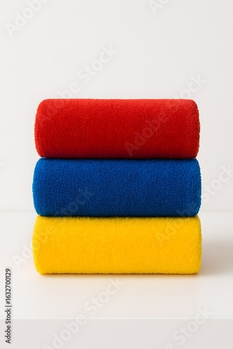 Three stacked paint rollers in red, blue, and yellow for wall painting on white
