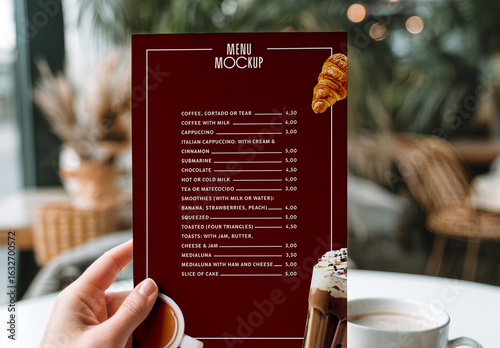 Coffee Shop Menu Mockup Held by Hand with Breakfast Setup