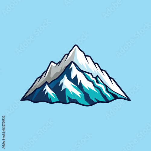 Illustration of a snow capped mountain range against a light blue background