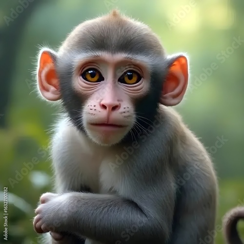 A young monkey appears with rich eyes and a curious expression.