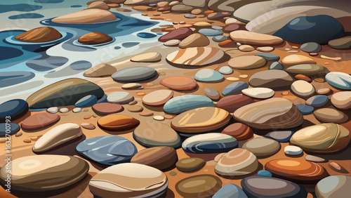 Smooth riverbed stones in varied earth tones arranged in a circular pattern on wet pebbly shore