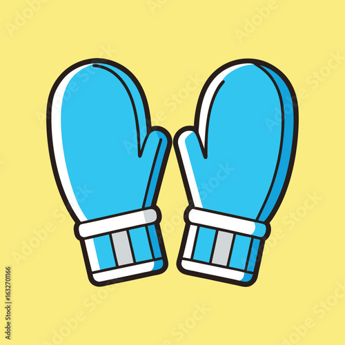 Illustration of a pair of light blue mittens against a yellow background
