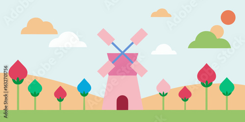 windmill field tulips pastel sky birthday