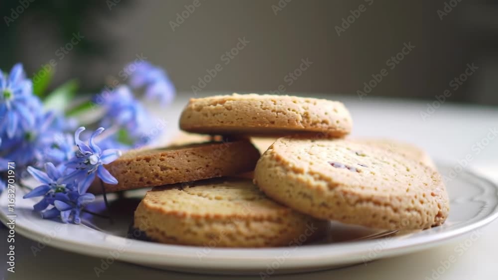 Stacked cookies on plate with flowers
