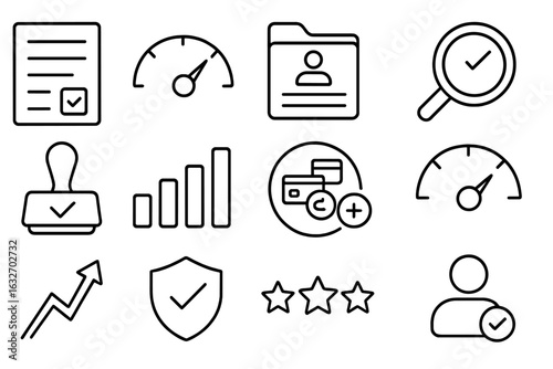 Credit Score Icons. Line style icons of credit score awareness: credit report, score dial, credit history file, inquiry magnifier,