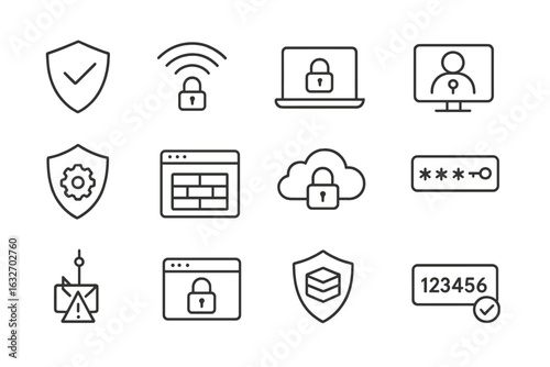 Cybersecurity Line Icons. Line style icons of cybersecurity at home: VPN shield, secure Wi-Fi, locked laptop, privacy screen,