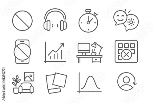 Focus Line Icons. Line style icons of focus and productivity: do not disturb icon, noise-canceling headset, timer app,