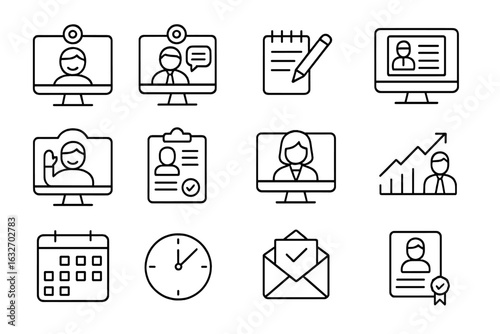 Online Interview Icons. Line style icons of online job interviews: webcam smile, interview questions, notes icon, resume on screen