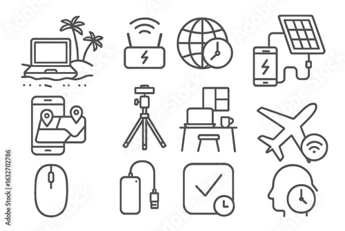 Remote Work Tools Icons. Line style icons of work-from-anywhere tools: laptop on beach, travel hotspot, global clock, solar