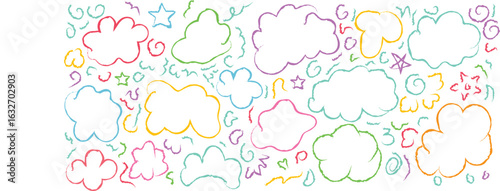 Joyful Childlike Doodle Cloud Shapes: Colorful, Whimsical, and Playful Background Pattern.

