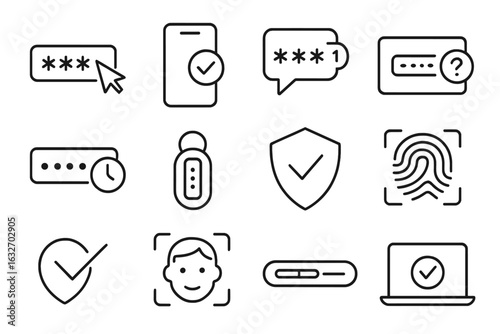 2FA Icons Collection. Line style icons of two-factor authentication: 2FA code input, mobile verification, SMS pin icon,
