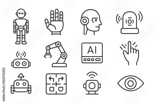 Robotics and AI Icons. Line style icons of robotics and AI: humanoid robot, mechanical hand, robot head, AI voice assistant, robot