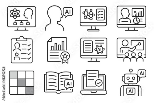 AI Education Icons. Line style icons of AI in education: adaptive learning icon, AI tutor, quiz analyzer, student dashboard,