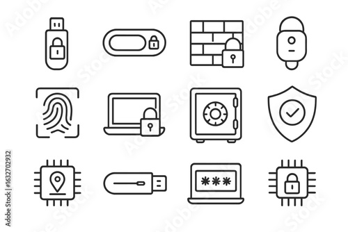 Hardware Security Icons. Line style icons of hardware security: USB lock icon, physical token, hardware firewall, secure key fob,