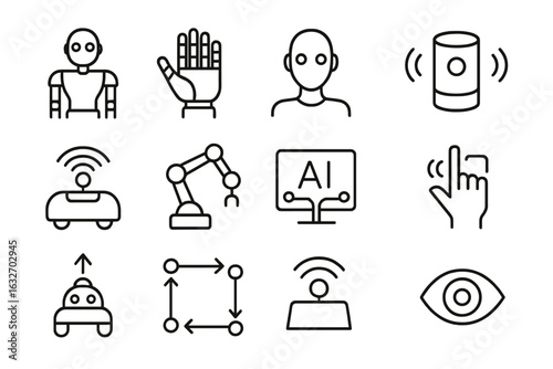 Robotics and AI Icons. Line style icons of robotics and AI: humanoid robot, mechanical hand, robot head, AI voice assistant, robot
