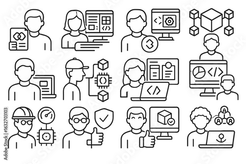 Blockchain Developer Roles Icons. Line style icons of blockchain developer roles: smart contract dev, frontend dApp dev, backend