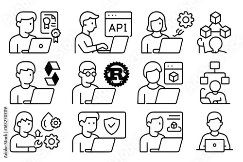 Blockchain Developer Roles Icons. Line style icons of blockchain developer roles: smart contract dev, frontend dApp dev, backend