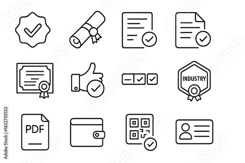 Certification Icons Set. Line style icons of certification platforms: verified badge, diploma scroll, transcript icon, exam passed