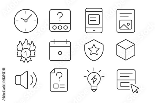 Microlearning Tools Icons. Line style icons of microlearning tools: 5-minute lesson icon, quick quiz, mobile card format, topic