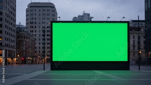 Empty Green Screen Billboard in City at Dusk