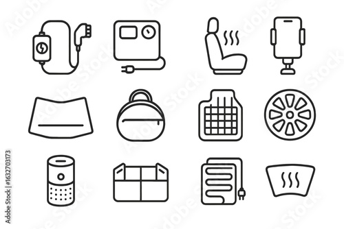 EV Accessories Icons. Line style icons of EV accessories: portable charger, tire inflator, seat heater, phone mount, sunshade icon