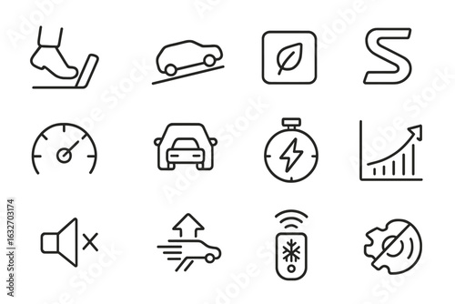 EV Feature Icons. Line style icons of EV driving features: one-pedal driving, hill hold assist, eco mode button, sport mode symbol