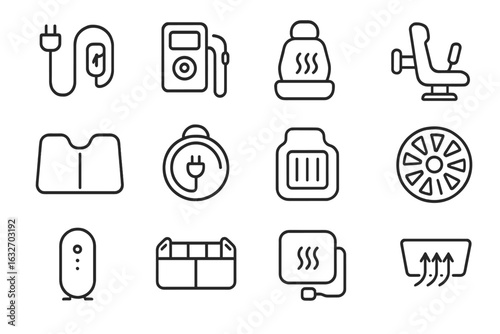 EV Accessories Icons. Line style icons of EV accessories: portable charger, tire inflator, seat heater, phone mount, sunshade icon