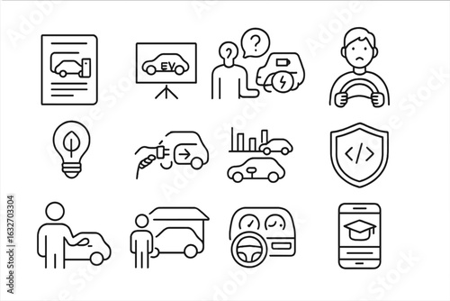 EV User Education Icons. Line style icons of EV user education: how to charge guide, EV 101 icon, range anxiety help, first-time