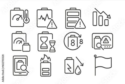 EV Battery Health Icons. Line style icons of EV battery health monitoring: battery temperature sensor, voltage monitoring chart,
