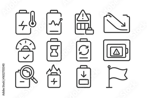 EV Battery Health Icons. Line style icons of EV battery health monitoring: battery temperature sensor, voltage monitoring chart,