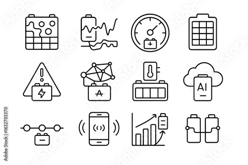 Battery Monitoring Icons. Line style icons of advanced battery monitoring systems: thermal map chart, voltage variance icon, SoH