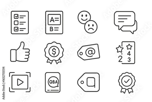User Engagement Icons. Line style icons of user engagement boosters: poll icon, quiz card, emoji reaction icon, comment thread