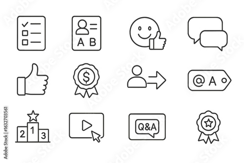 User Engagement Icons. Line style icons of user engagement boosters: poll icon, quiz card, emoji reaction icon, comment thread