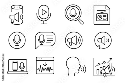 Voice Marketing Icons. Line style icons of voice and audio marketing: smart speaker ad icon, branded podcast audio, voice search