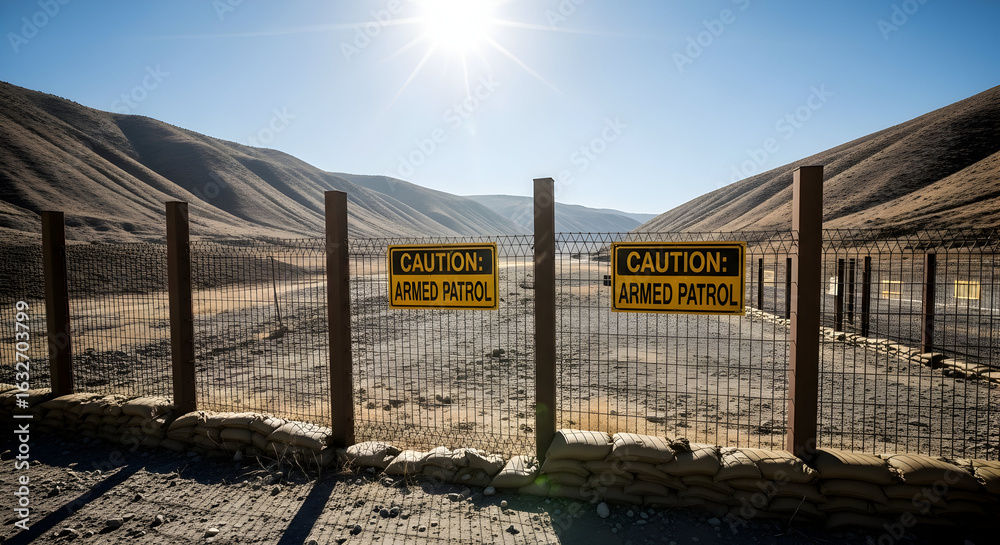 Fototapeta premium Caution Armed Patrol Signs On Fence Securing Border Area Under Sunny Sky