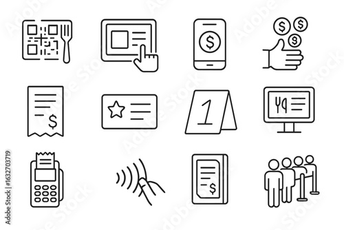 Ordering Process Icons. Line style icons of ordering and payment process: QR menu scan, order tablet icon, mobile payment badge,