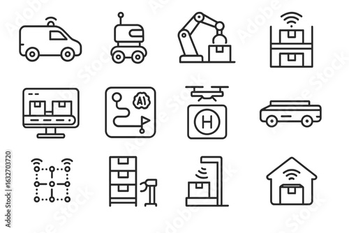 Delivery Robotics Icons. Line style icons of delivery automation and robotics: autonomous van icon, delivery robot, robotic arm