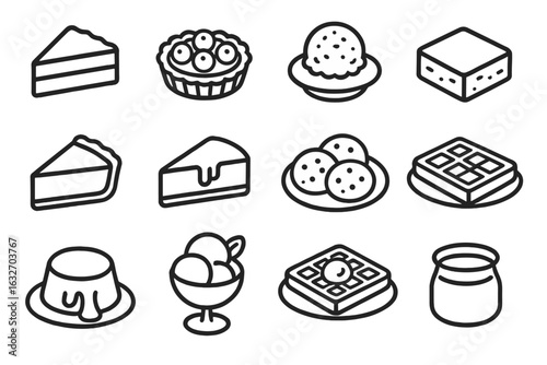Dessert Menu Icons. Line style icons of dessert menu items: chocolate cake slice, fruit tart, ice cream scoop, brownie icon, pie