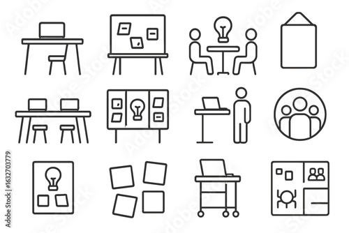 Startup Workspace Icons. Line style icons of startup workspace: open desk icon, whiteboard notes, brainstorming zone, startup hub