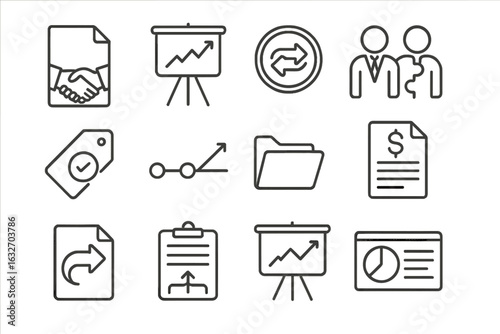 Startup Exit Icons. Line style icons of startup exit strategies: acquisition deal file, IPO chart, merger badge, strategic partner
