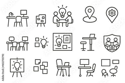 Startup Workspace Icons. Line style icons of startup workspace: open desk icon, whiteboard notes, brainstorming zone, startup hub