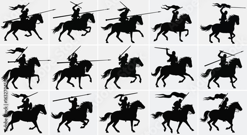 Medieval Knights on Horseback Silhouettes for Historic and Fantasy Designs, Majestic Cavalry Charge: Equestrian Art for Historical Illustration